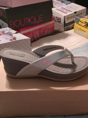 BareTraps Metallic Silver Wedge Thong Sandal